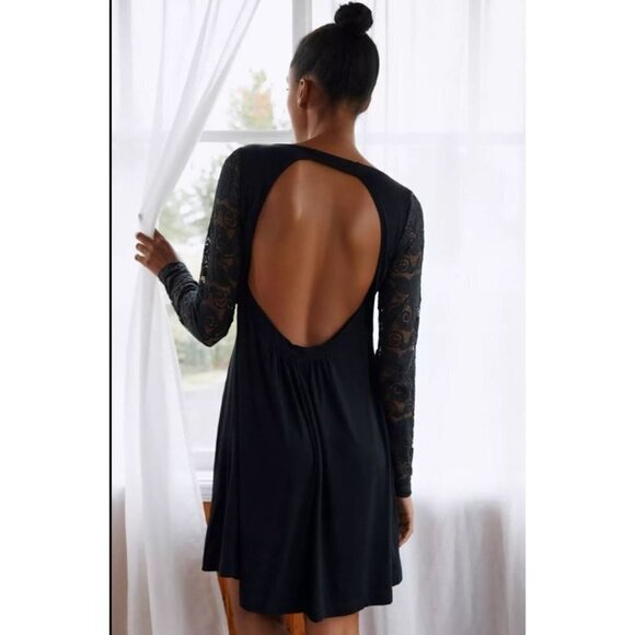 Anthropologie Lace Slip Night Black Mini Dress Size XS NWT Stretch Lace Sleeves - Picture 4 of 7